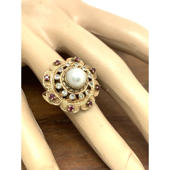 Pearl Ruby Diamond Women's Cocktail Ring 14k Yellow Gold Vintage Estate Size 5.5 - Picture 5 of 14